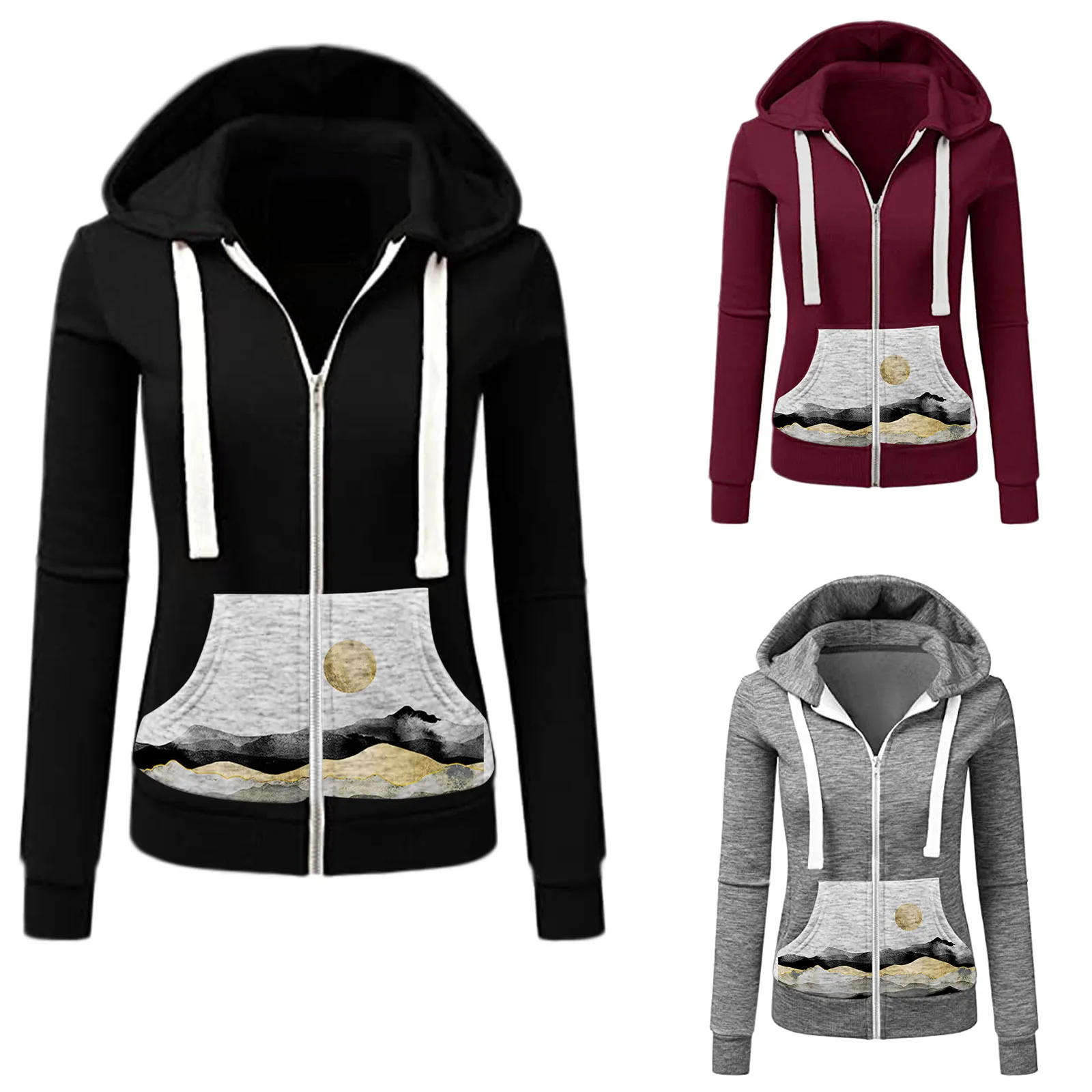 

New Top-Selling Product Fashion Printed Slim Fit Patchwork Hooded Cardigan European and American Sweater Women