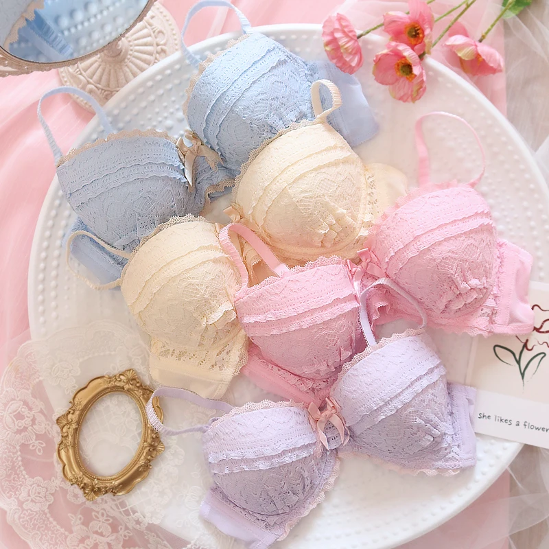 SO Sweet Sexy Lolita Girl Cake Lace Trim Underwear Set Japanese Women's No rims Underwire Soft Sister Push-Up Bra & Brief Set
