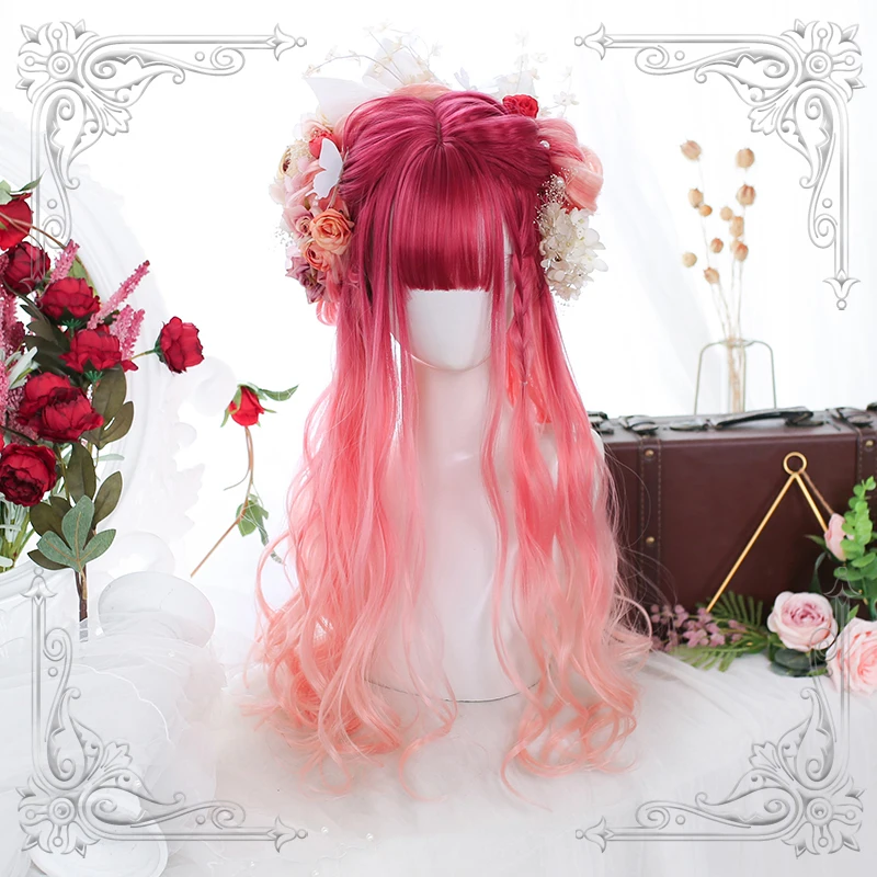 

Female Long Wavy Red Pink Gradual Change Bangs Wig Women Curly Wigs Lolita Cosplay Party