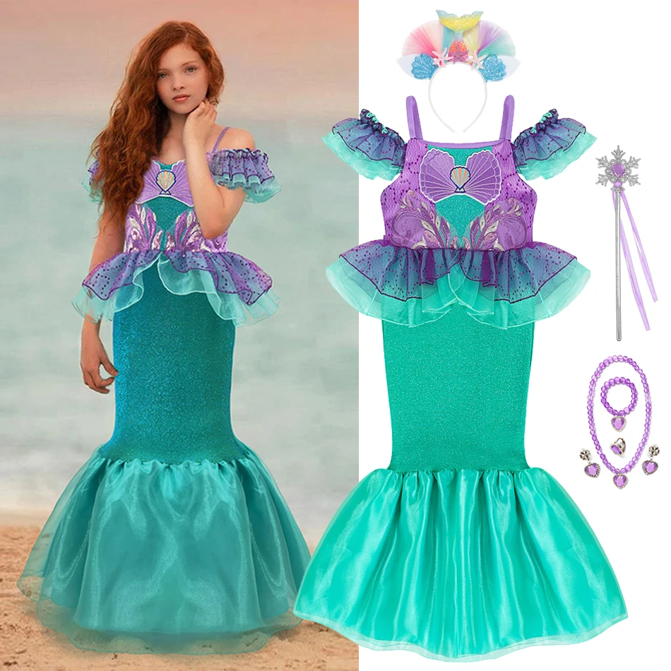 

Girls Little Mermaid Ariel Princess Dress Cosplay Costume Kids for Children Fancy Ball Gown Halloween Birthday Party Dress