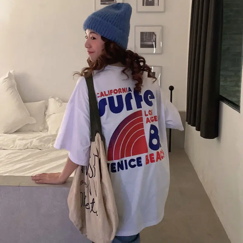 

Harajuku Loose Long T-shirt Women Summer Tops Kpop Oversize Letter Print Tees Shirt Schoolgirl Young Style Clothes