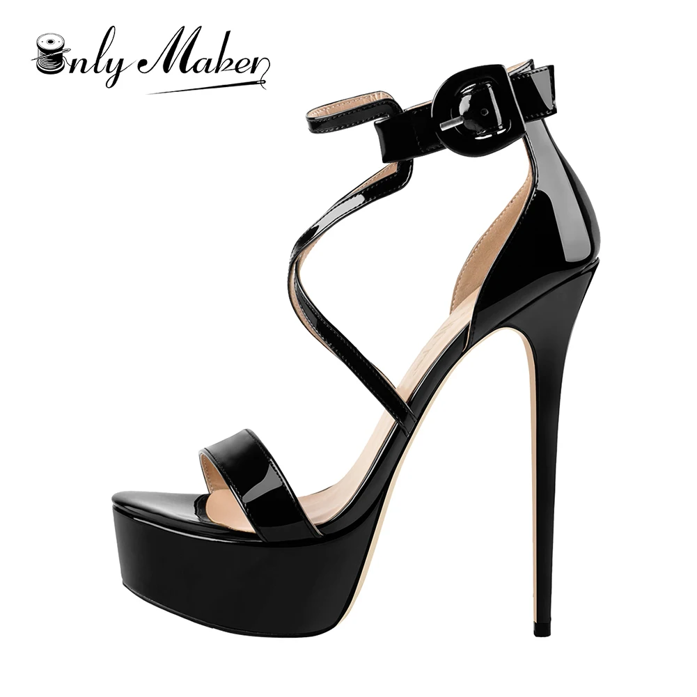 

Onlymaker Open Toe Platform Stiletto Ankle Strap Crisscross Fashion Sandals Sexy Black Patent Leather Heels for Women Plus Size