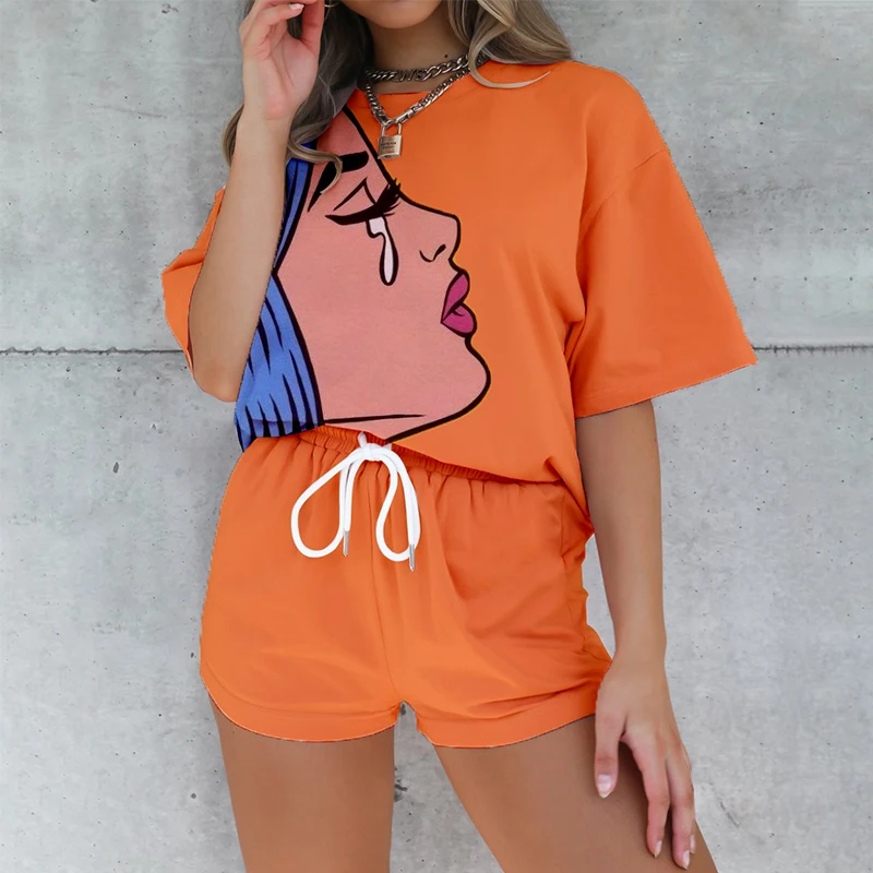 

Women 2 Piece Sets Tracksuit Summer Casual Loose Butterfly Print Short Sleeve Shirt Tops Drawstring Shorts Sweatpant Suit Outfit