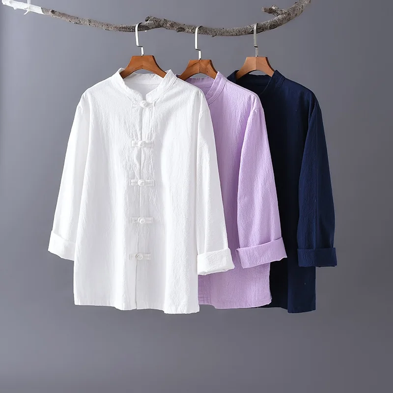 

Soild Colors Women'S Shirts 2021 Autumn Chinese Style Clothing Women Blouse Cotton Linen Vintage Shirt Tai Chi Clothes
