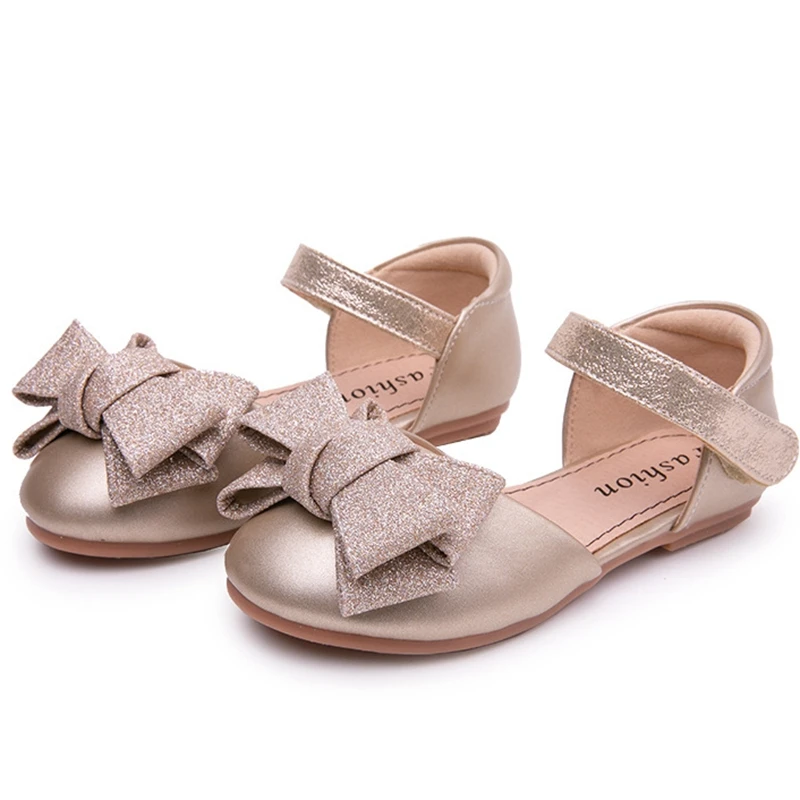 

16.5-22cm Brand Children Girls Spring Dress Shoes,Bowtie Princess Solid Summer Sandals Flats,Gold Silver Kids School Shoes