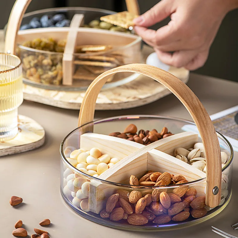 

Nordic Glass Fruit Plate Living Room Home Round Dessert Snack Storage Serving Tray Kitchen Compartment Hand Basket Table Decor