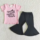 Оптовая продажа, комплекты детской одежды для маленьких девочек, розовая рубашка с коротким рукавом и надписью, черные хлопковые штаны, наряд