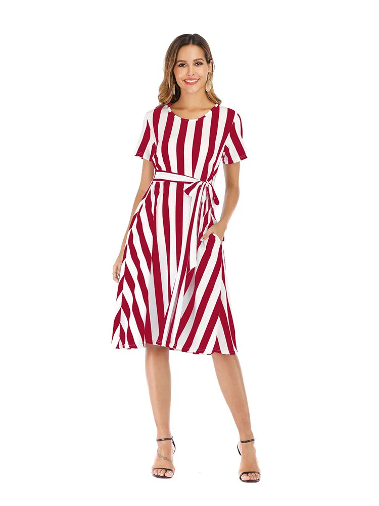 

Women Elegant Striped Print Dress 2021 Summer Short Sleeve Party Dress Ladies Sexy Turn-down A-Line Dresses