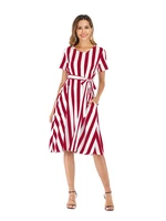 women elegant striped print dress 2021 summer short sleeve party dress ladies sexy turn down a line dresses