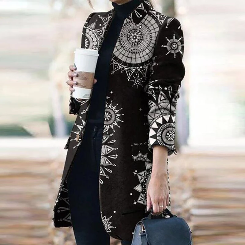 

Autumn Vintage Print Overcoat Women Elegant Fashion Stand Collar Long Jackets Office Lady 2021 Winter Warm Fashion Pattern Coats