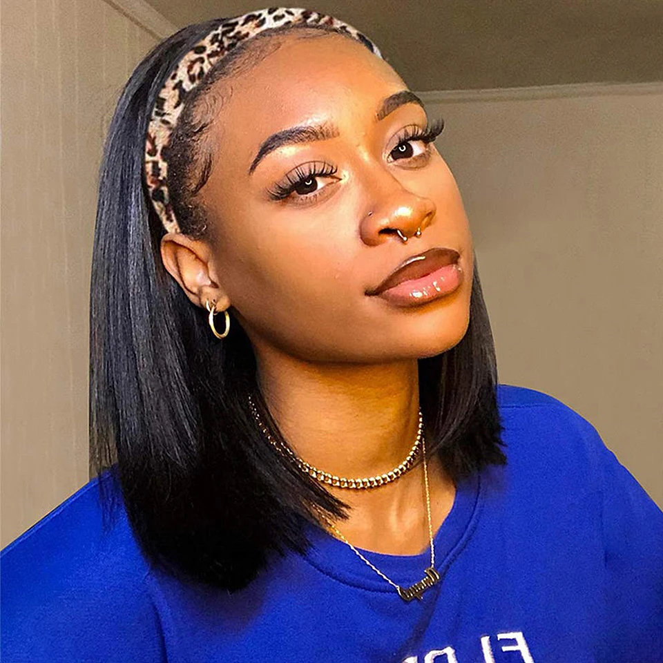 Прямой боб парик с головной повязкой человеческие волосы короткие парики из