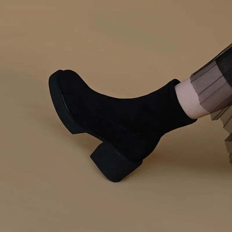 

Women 2022 Spring Autumn New Elastic Boots Women Black Thick-soled Socks Boots Thick Heel Mid-heel Round Head Suede Ankle Boots