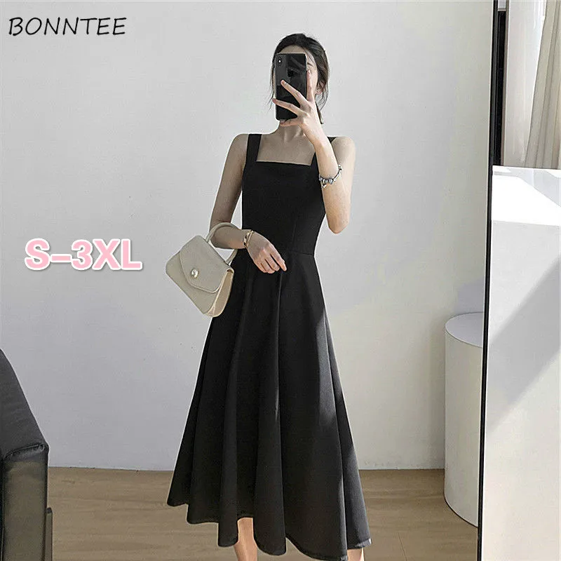 Women Sleeveless Dress Plus Size 3XL Solid Elegant Slim High Waist Retro Spaghetti Strap Backless Female Sexy Daily Streetwear | Женская