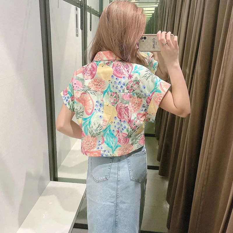 

2021 ZA summer new short-sleeved lapel digital printing women's casual short shirt top T-shirt 7385024 7385/024