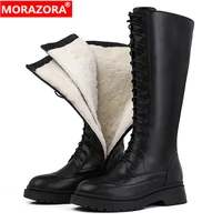 morazora 2021 new genuine leather boots women shoes lace up warm winter boots nature sheep wool mid calf boots ladies botas