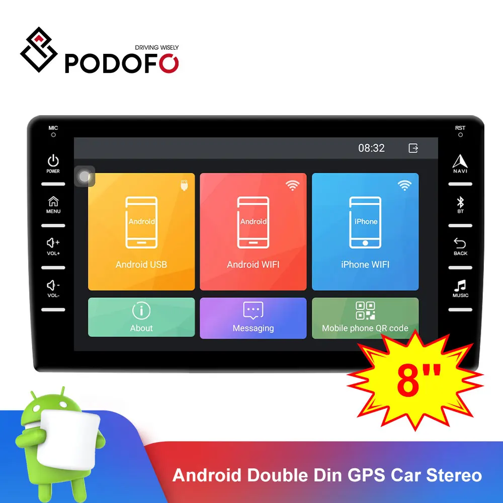 

Podofo Android Double Din GPS Car Stereo Radio 8'' 2.5D Tempered Glass Mirror Car MP5 Player Bluetooth WIFI GPS FM 2DIN Radio