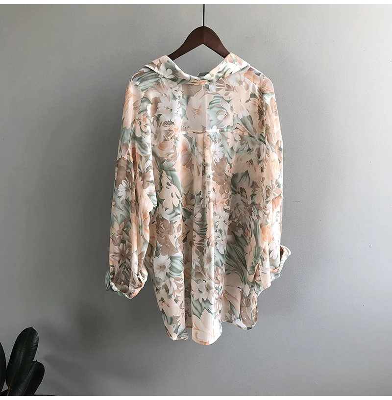 

Women Sun Protection Sheer Blouse Summer 2020 Flower Print Long Sleeve Gilrs Chiffon Shirt