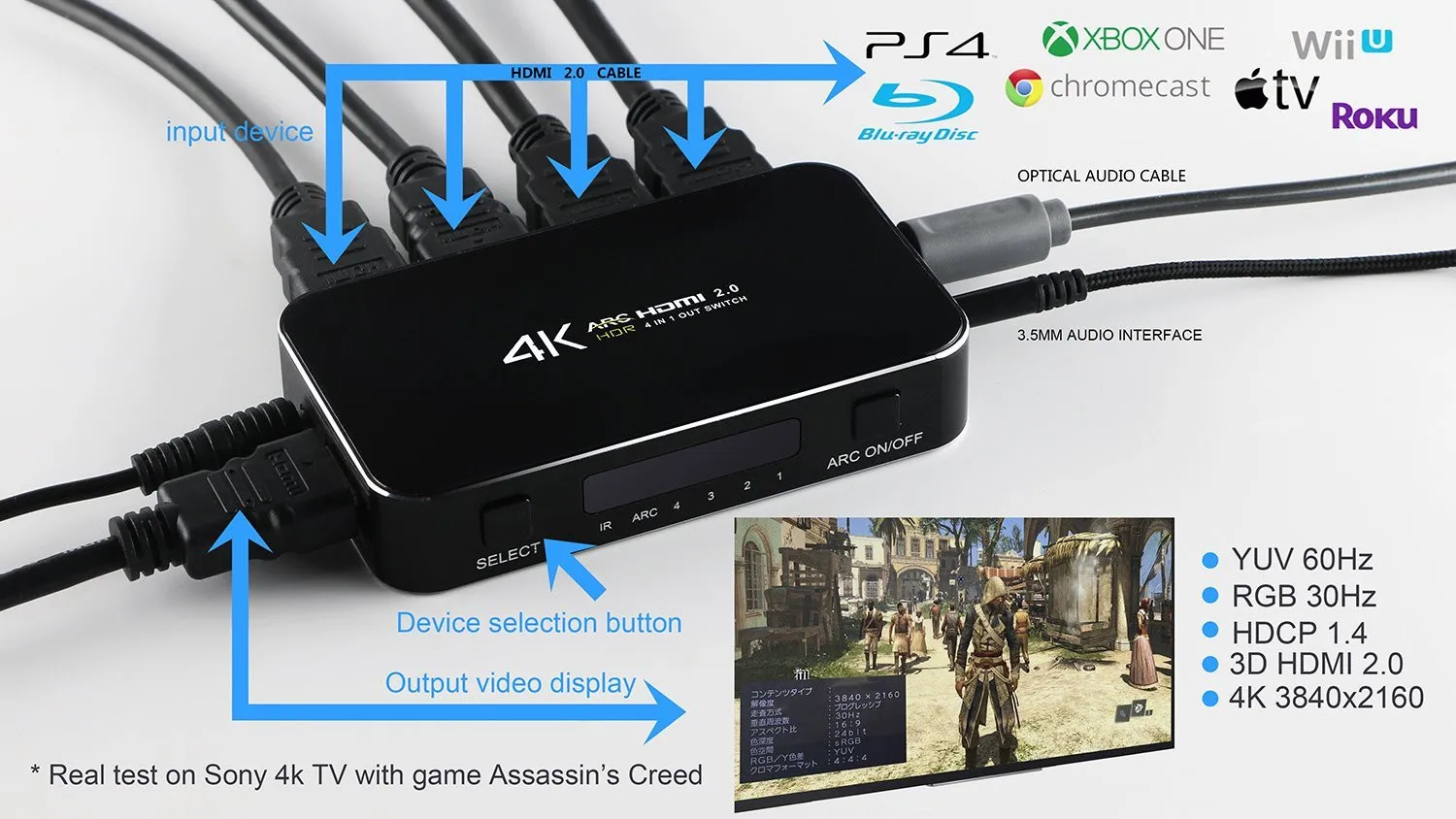 HDMI compatible2.0 переключатель ARC 4K HD 4 Порты и разъёмы x 2K аудио оптический TOSLINK