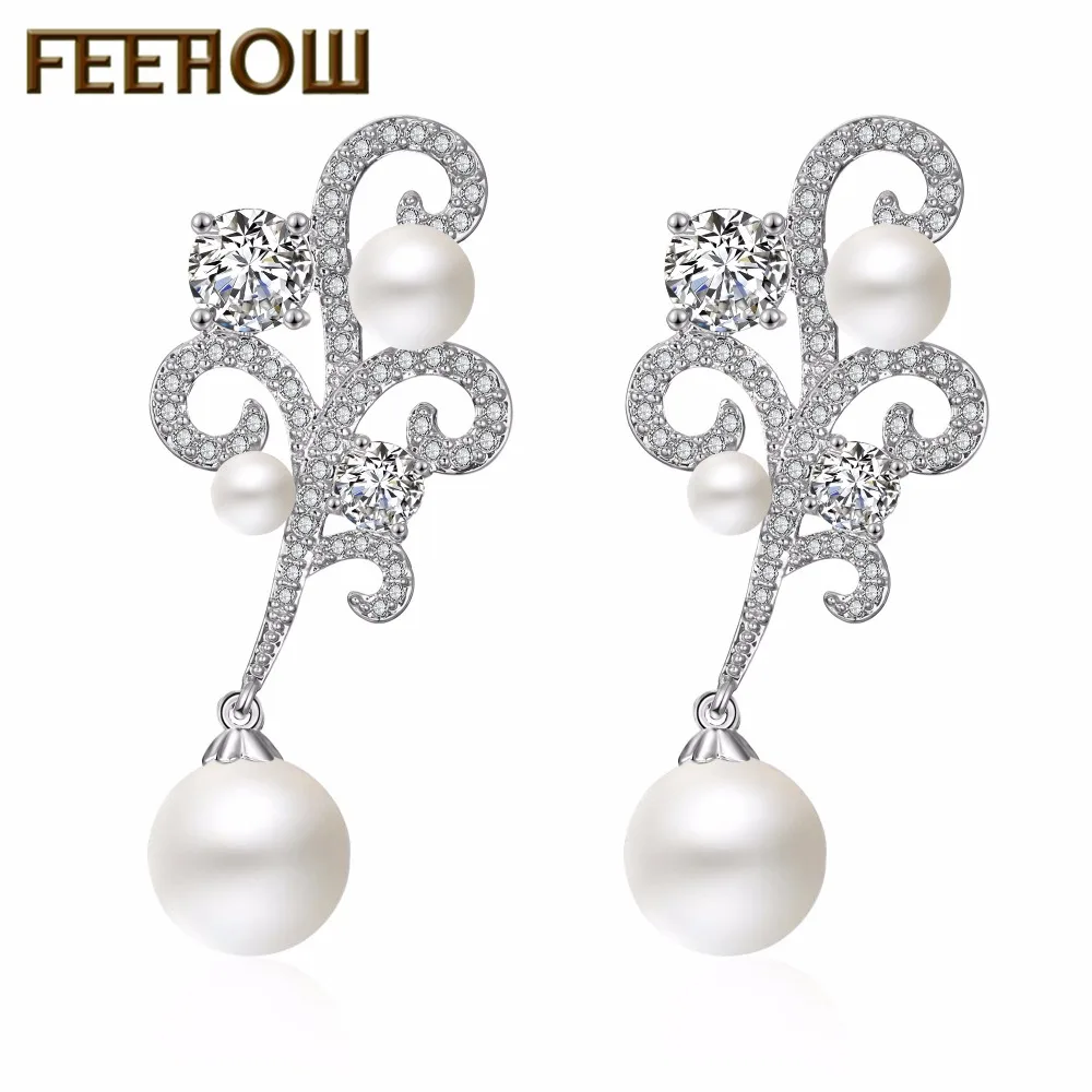 FEEHOW Великолепные блестящие висячие серьги с искусственным жемчугом и цветком