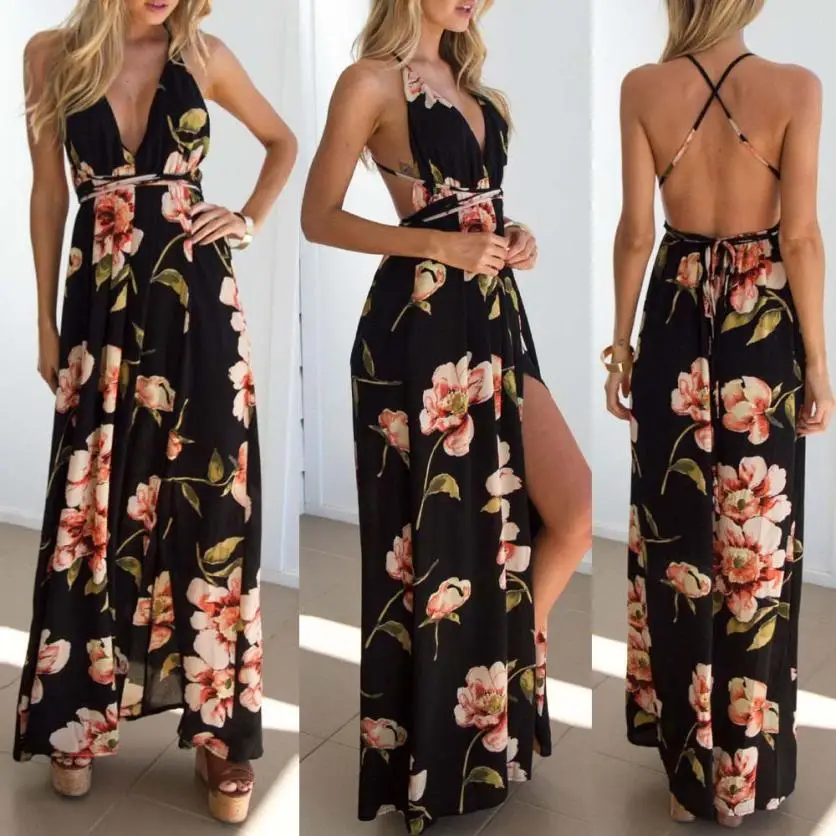 

Summer dress 2020 Floral Vestidos Mujeres Sexy Maxi Dress Long Pleated Dresses Backless robe femme robe longue evenning-dress