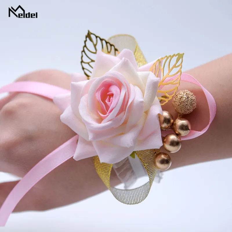 Red Bridesmaids Wrist Corsage Party Fabric Rose Wristband Flower Ribbon Decor Bride Wedding Ornament Bridesmaid Hand Flore |