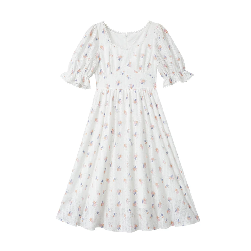 

Summer Boho Flower Print Woman Chiffon White Dress A-Line Puff Sleeve Sweet Lace Midi Sundress Kawaii Elegant Ladies Clothing