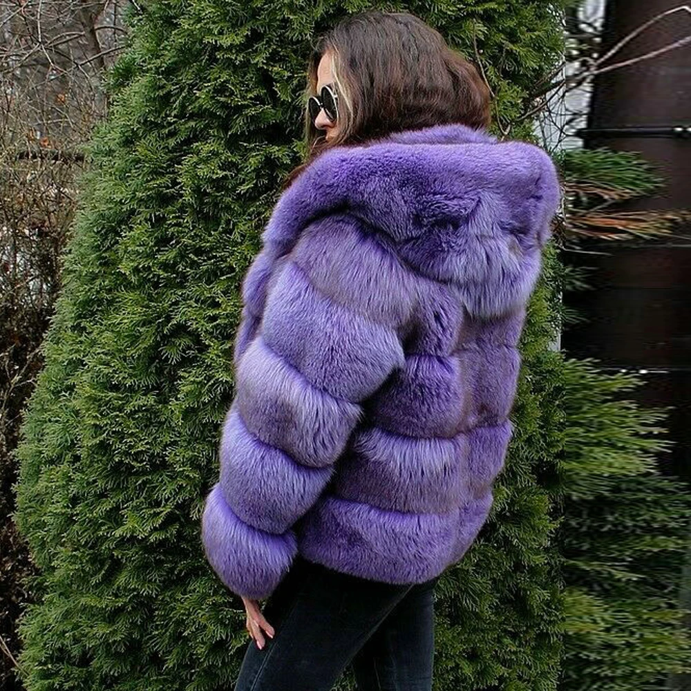 Fashion Purple Real Fox Fur Jacket with Hood Thick Warm Fur Overcoats Natural Whole Skin Genuine Fox Fur Coat Outwear Female enlarge