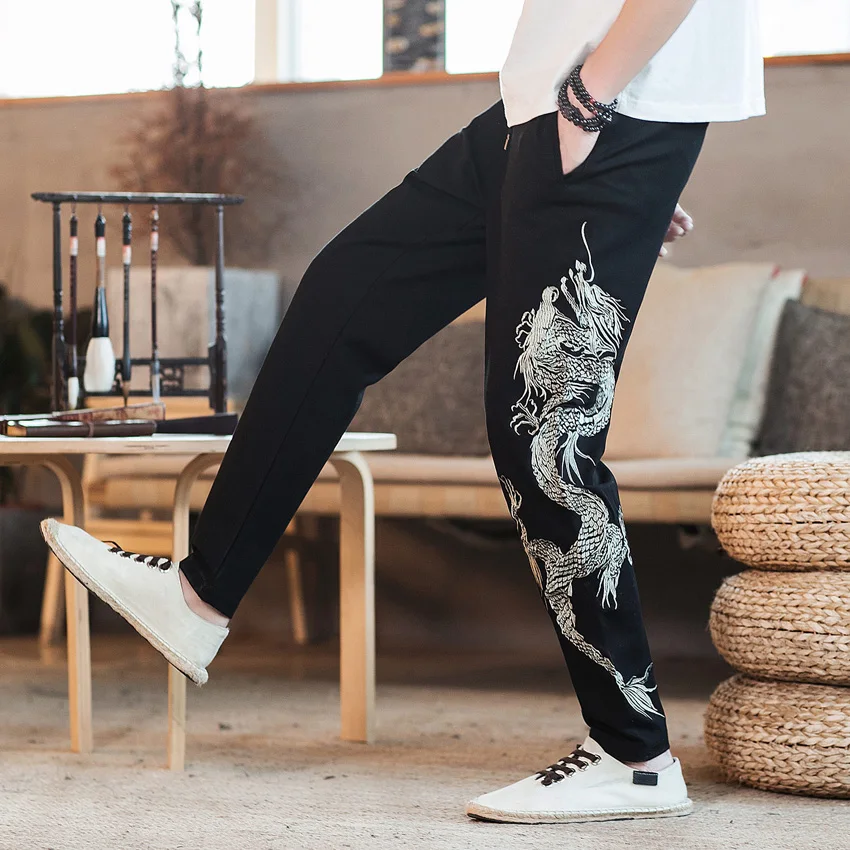

2021 Japanese Traditional Style Pants Men Streetwear Kimono Yukata Casual Fashion Black Trousers Embroidery Dragon Samurai