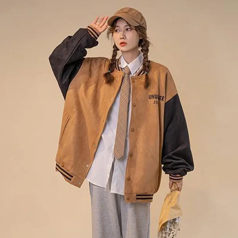 

2022 Spring Retro Harajuku Stitching Baseball Uniform Jacket Female Couple Fashion Embroidered Long Sleeve Hip Hop Bomber Jacket