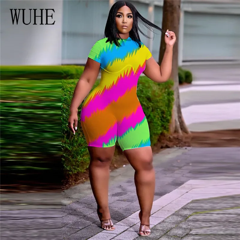 

YEYA Gradient Stripe Print Playsuits O Neck Short Sleeve Package Hip Skinny Sexy Nightclub Casual Party Streetwear Overalls