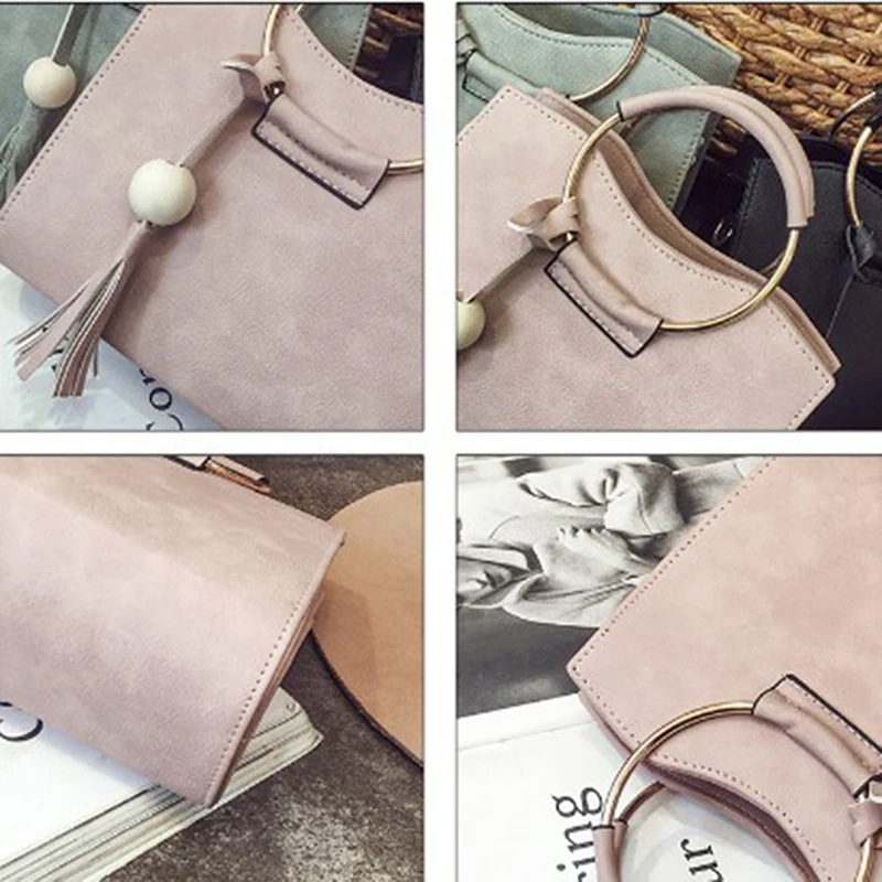 

Fashion PU Leather Women Handbag Tassel Shoulder Bag Women Top Handle Totes Metal Ring Crossbody Bags Vintage Messenger Bags