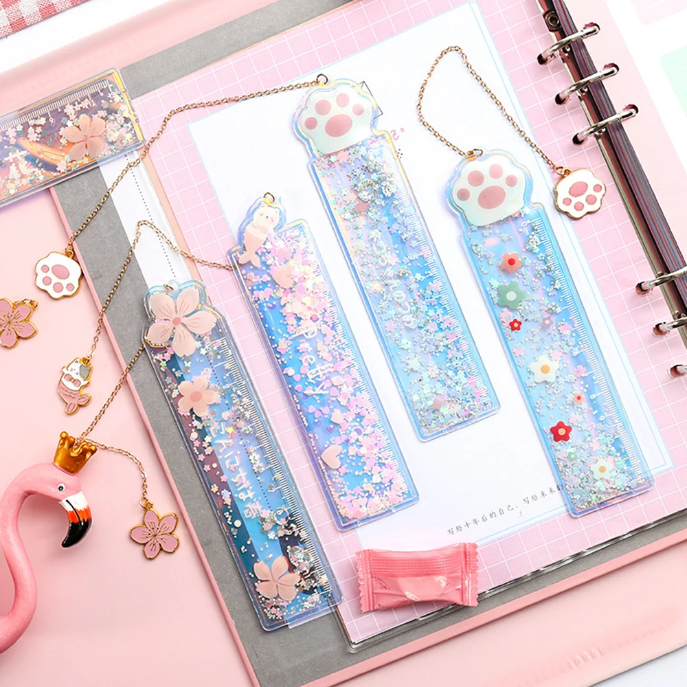 

Quicksand Plastic Ruler Creative Cartoon Bookmark Drawing Ruler Cute Girl Cherry Flower Measuring Straight Ruler Gift Stationery