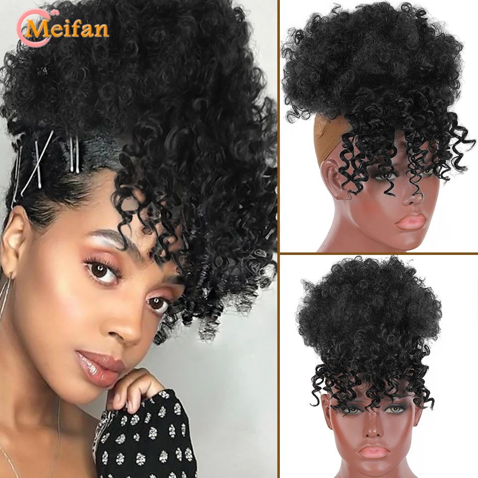 

MEIFAN Afro Kinky Curly Hair Bun Chignon With Bang Synthetic Puff Ponytail Bun With Bangs Clip in Hair Ponytail Extensions