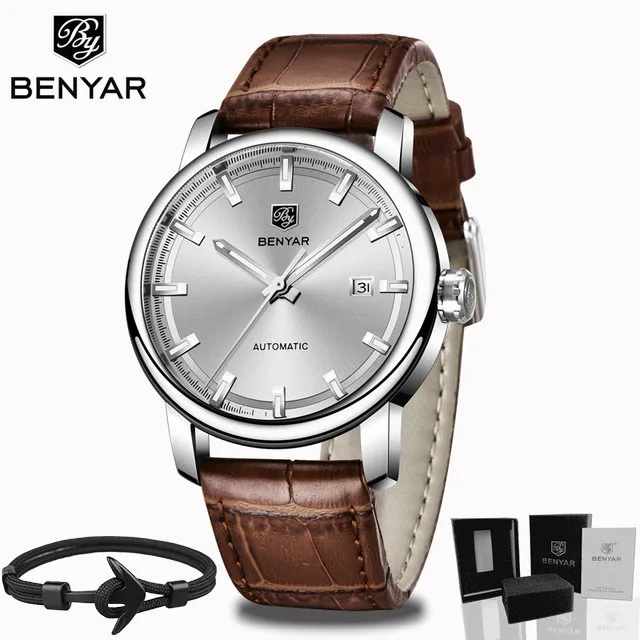 Silver White BoxGift Новинка, BENYAR, Мужские автоматические механические часы, мужские часы, Топ бренд, Роскошные мужские часы, военные наручные часы, Relogio Masculino - Цвет: Silver White BoxGift
