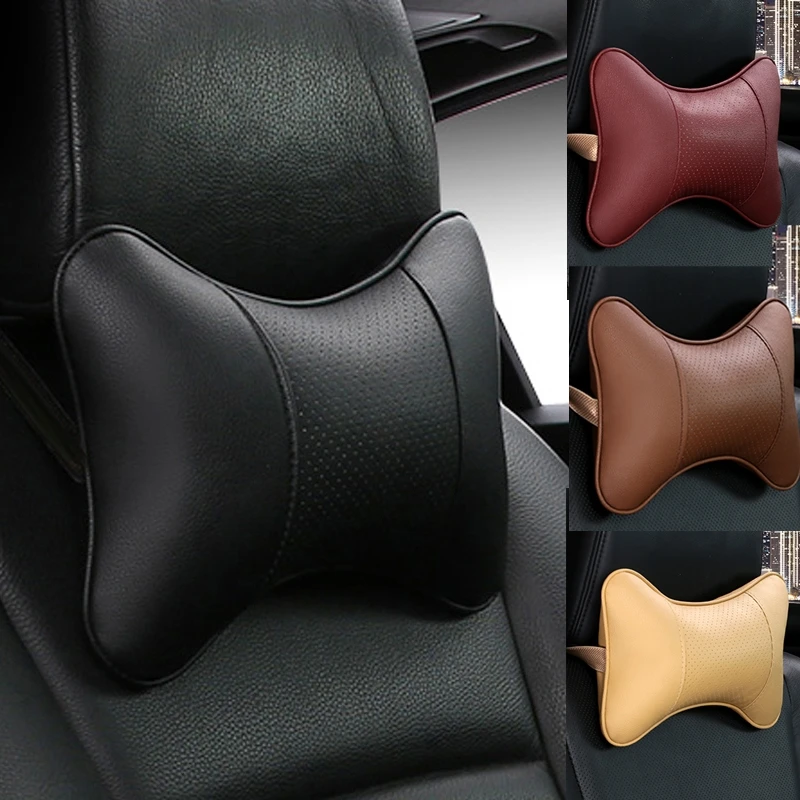 

Car Neck Pillows Both Side Pu Leather 1pcs Pack Headrest for Head Pain Relief Filled Fiber Universal Car Pillow Interior Styling