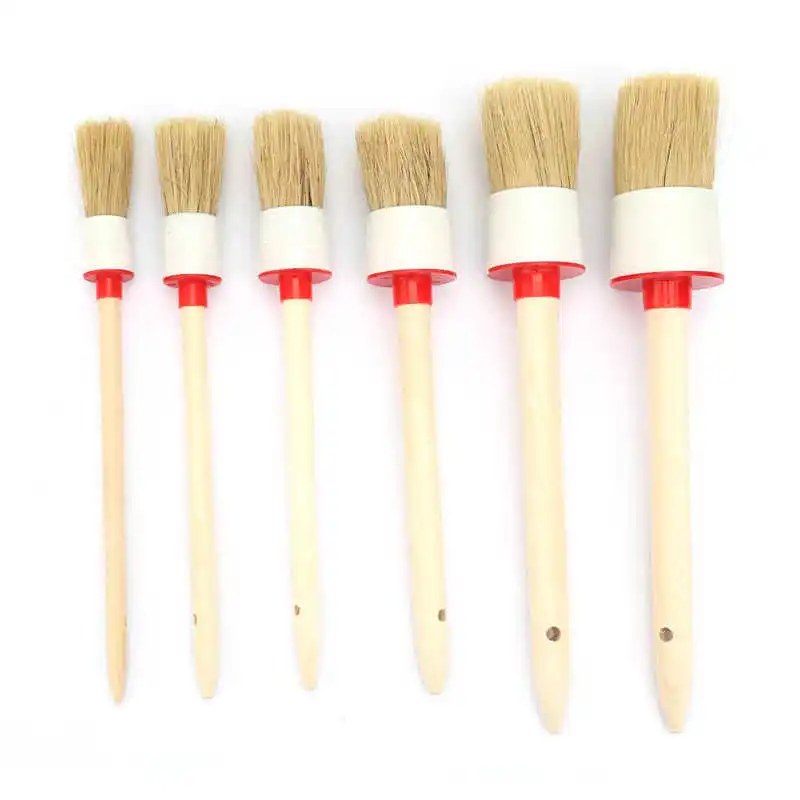 

6pcs Car Detailing Brush Wooden Handle Car Detailing Brush Set Round Oil Painting Wax Brushes