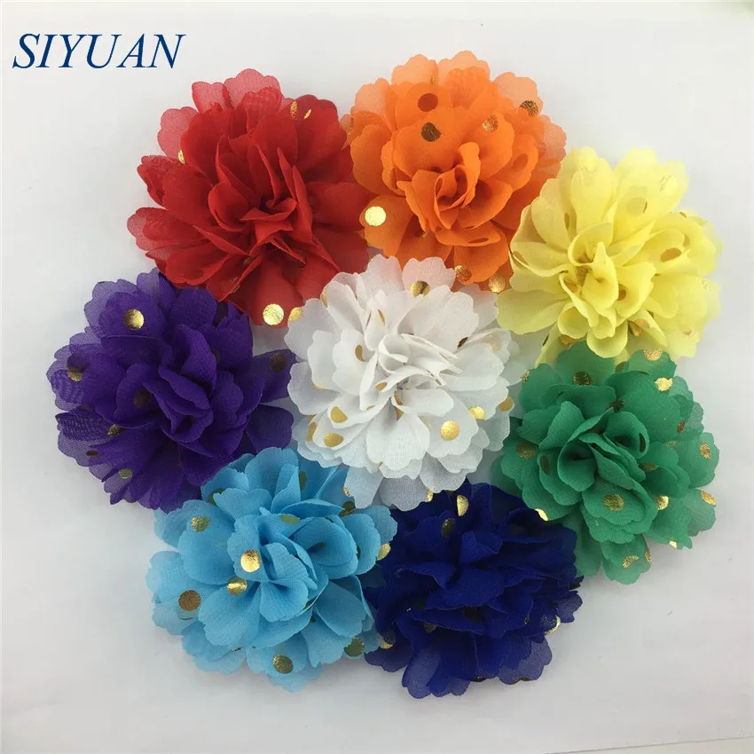 10 шт./лот 7 см волнистые золотые шифоновые цветы в горошек с заколкой для волос