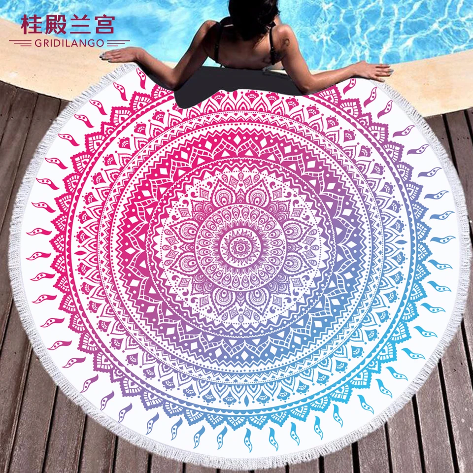 Богемное мандала круглое пляжное полотенце с бахромой микрофибра розовое в