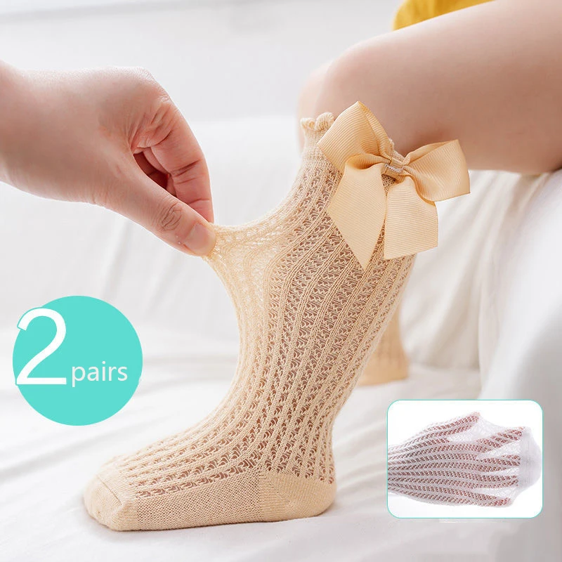 

2 pairs Cute Bowknot Infant Baby Socks Cotton Bows Girls Knee Socks Summer Mesh Kids Infant Toddler Knee High Socks Sokken 0-2Y