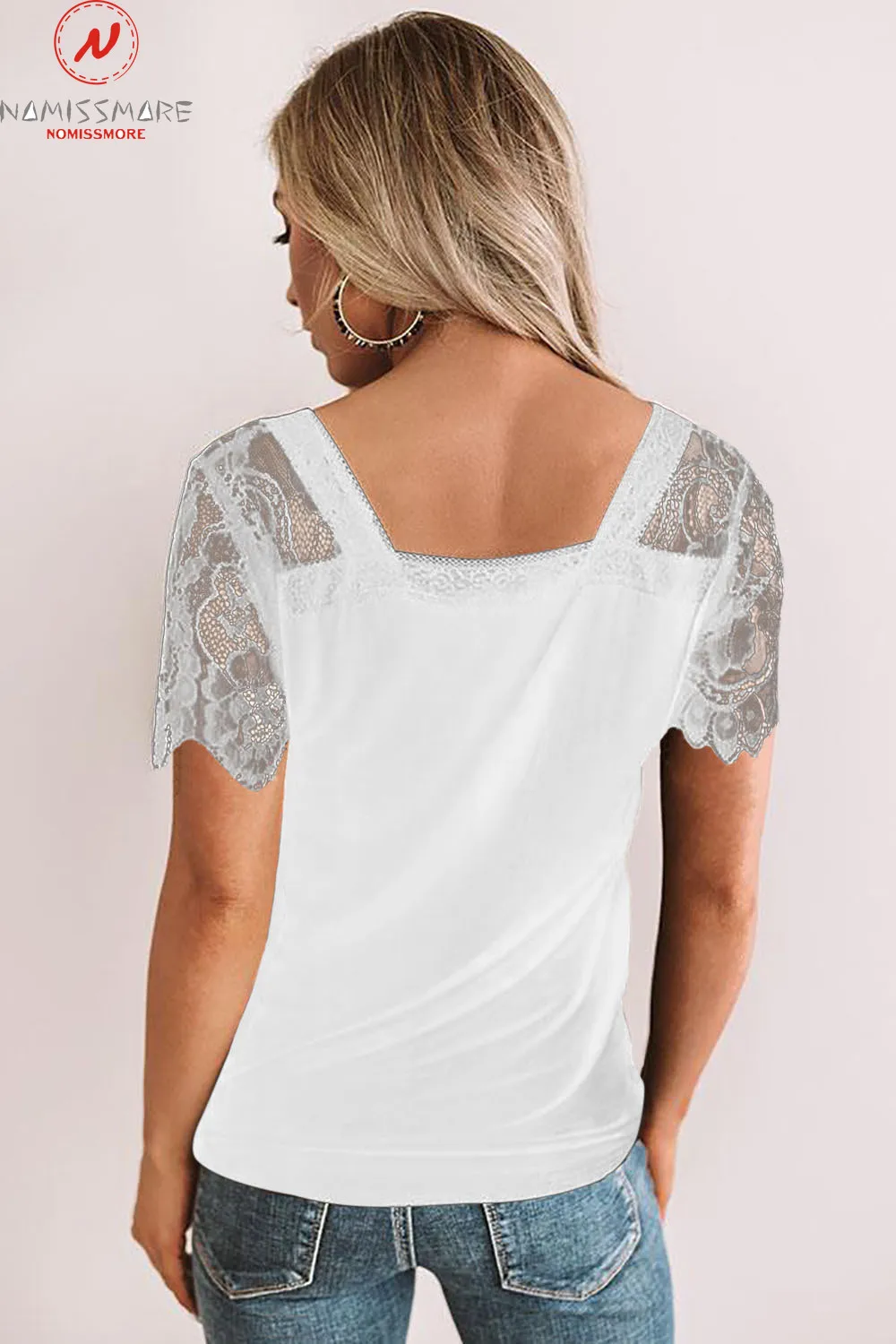 Женские кружевные футболки летние однотонные с v-образным вырезом и коротким