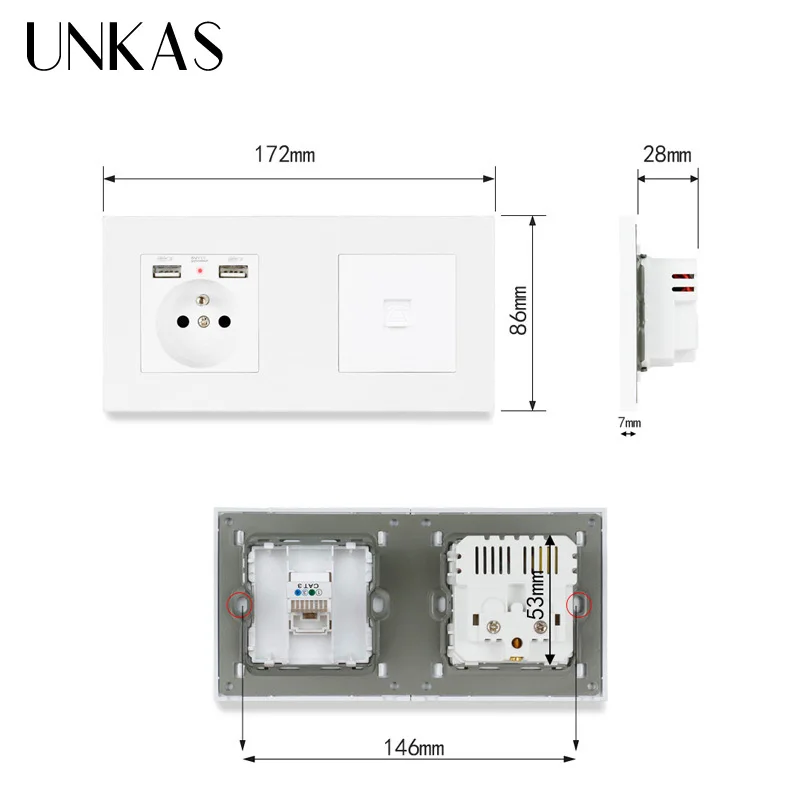 Французская стандартная электрическая розетка UNKAS с 2 USB-портами для зарядки + 1