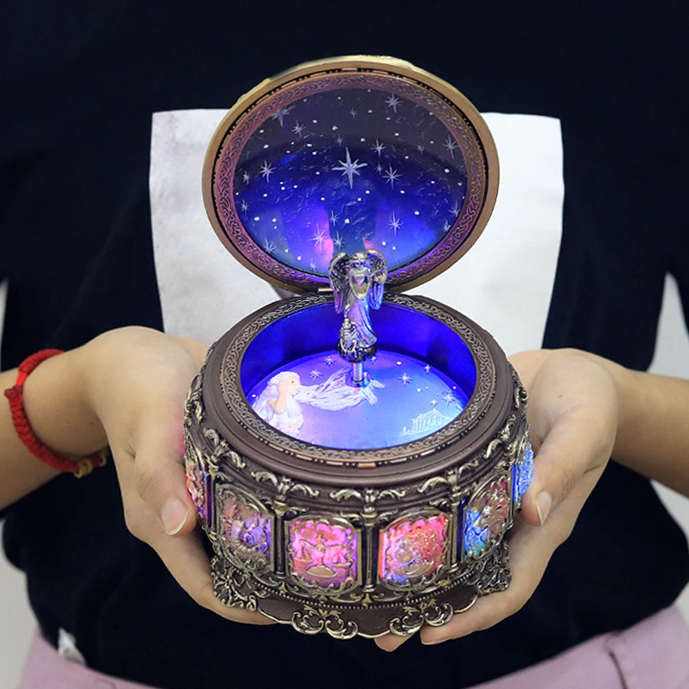 

Birthday Gifts For Girl Music Box With Led Lights Constellations Rotating Goddess Twinkling Resin Carved Mechanism Musical Boxs