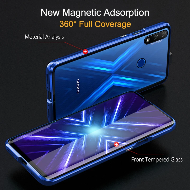 Магнитный стеклянный чехол 360 для Huawei Honor 9X Premium двойной прозрачный из закаленного