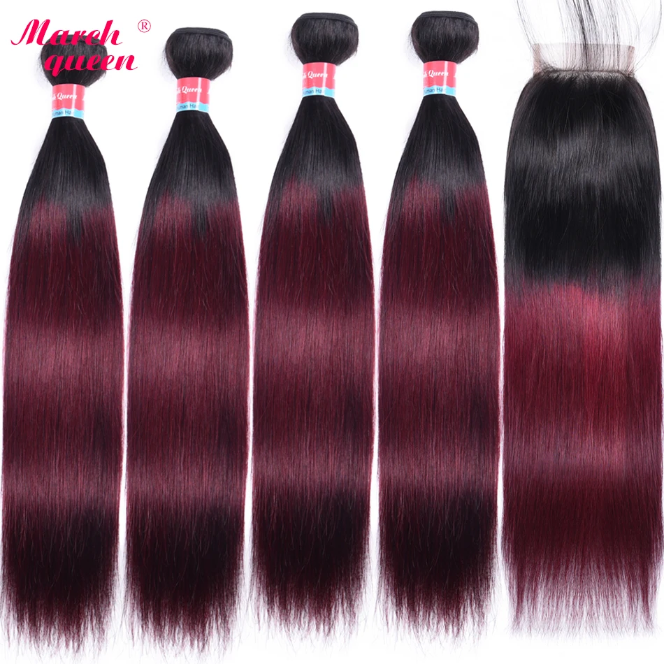March Queen Ombre Пучки с закрытием T1B/99J перуанские прямые человеческие волосы 4 шт. 4*4