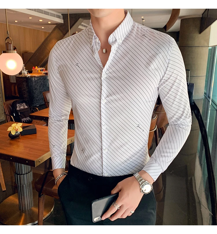 Chemise Homme британский стиль Для мужчин рубашка в полоску с длинными рукавами, высокое качество, отложной воротник, деловая, общественная рубашки Для мужчин клубный костюм-смокинг