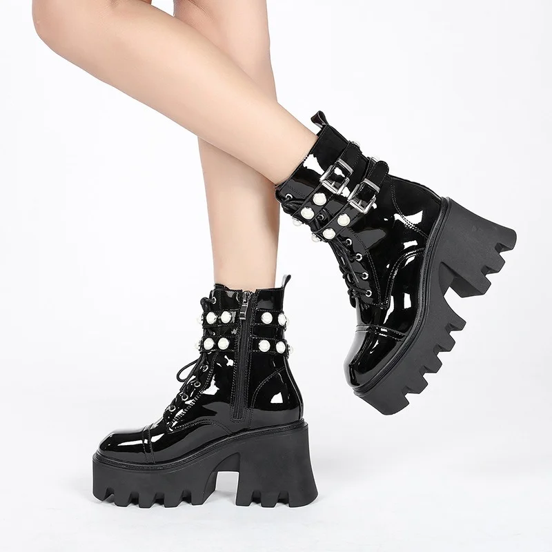 

Women's Martin Boots Solid Color Patent Leather Zipper Belt Buckle Pearl Thick-soled Motorcycle Boots Non-slip Short Boots 2021