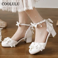 coolulu lolita high heels ankle strap women shoes bow chunky heel pumps pearl buckle cosplay footwear female sweet beige size 43