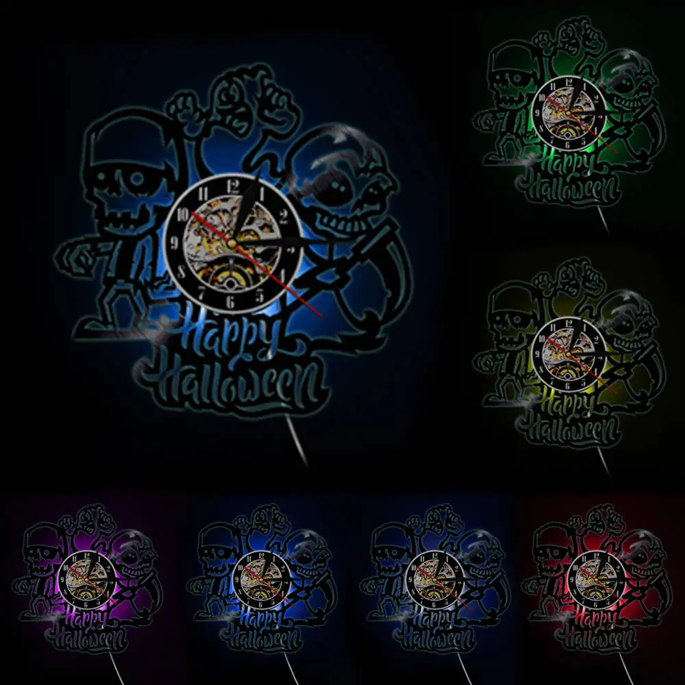 

Happy Halloween Skull Vinyl Record Wall Clock Skeleton Cosplay Christmas Party Haunted House Decor Wall Art Hanging Retro Watch