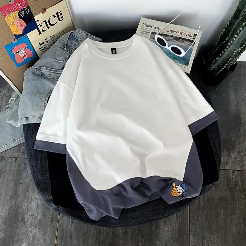 

False Two-Piece Patchwork T-shirt Boy Korean Style Casual Loose Half Sleeve