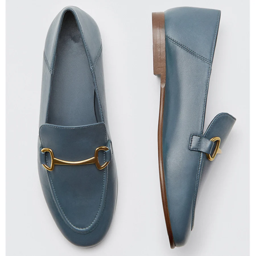 

Withered Simple Flat Shoes Women England Elegant Fashion Casual Genuine Leather Metal buckle Sheep Soft Slip-on Loafers Women